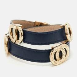 Pre Owned Bvlgari  Bvlgari Leather Gold Tone Double Wrap Bracelet