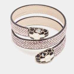Pre Owned Bvlgari Serpenti Forever Leather Enamel Gold Tone Coiled Bracelet