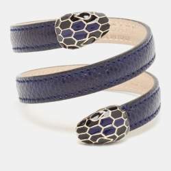 Pre Owned Bvlgari Serpenti Forever Navy Blue Leather Multi-Coiled Enamel Gold Tone Bracelet