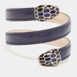 Pre Owned Bvlgari Serpenti Forever Navy Blue Leather Multi-Coiled Enamel Gold Tone Bracelet