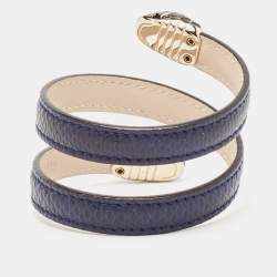 Pre Owned Bvlgari Serpenti Forever Navy Blue Leather Multi-Coiled Enamel Gold Tone Bracelet
