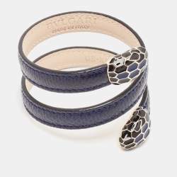 Pre Owned Bvlgari Serpenti Forever Navy Blue Leather Multi-Coiled Enamel Gold Tone Bracelet