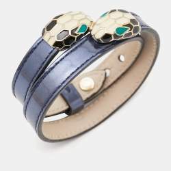 Pre Owned Bvlgari Serpenti Forever Enamel Double Coiled Leather Gold Tone Bracelet