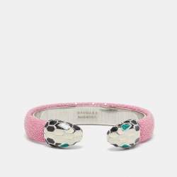Pre Owned Bvlgari Serpenti Forever Enamel Pink Galuchat Leather SIlver Tone Open Cuff Bracelet