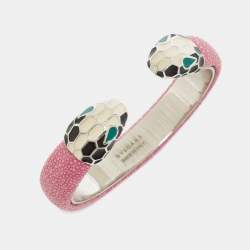 Pre Owned Bvlgari Serpenti Forever Enamel Pink Galuchat Leather SIlver Tone Open Cuff Bracelet