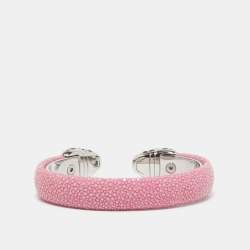 Pre Owned Bvlgari Serpenti Forever Enamel Pink Galuchat Leather SIlver Tone Open Cuff Bracelet