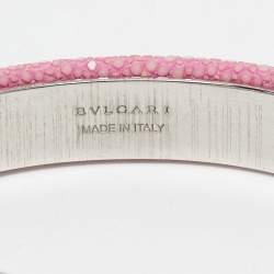 Pre Owned Bvlgari Serpenti Forever Enamel Pink Galuchat Leather SIlver Tone Open Cuff Bracelet