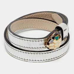 Bvlgari Serpenti Forever Enamel Silver Double Coiled Leather Gold Tone Bracelet
