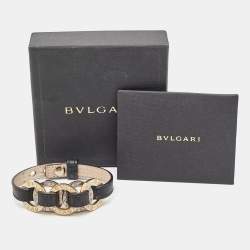 Bvlgari Two Tone Interlocking Circles Black Leather Two Tone Bracelet