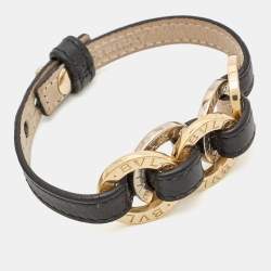 Bvlgari Two Tone Interlocking Circles Black Leather Two Tone Bracelet