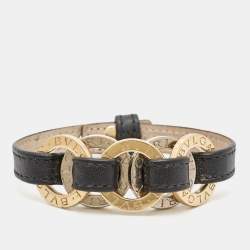 Bvlgari Two Tone Interlocking Circles Black Leather Two Tone Bracelet