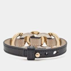 Bvlgari Two Tone Interlocking Circles Black Leather Two Tone Bracelet