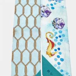 Pre Owned Bvlgari Limited Edition Blue Sea Animals Printed Silk Bandeau Scarf