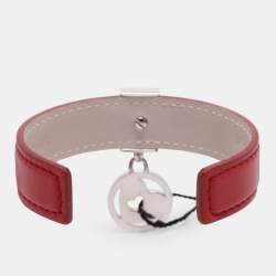 Pre Owned Bvlgari Red Leather Sterling Silver 925 Open Cuff Bracelet