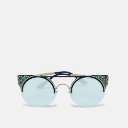 Pre Owned Bvlgari Blue/Gold Tone Mirrored 6088 Serpenti Frame Round Sunglasses