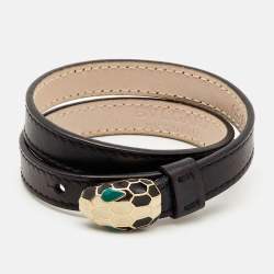Pre Owned Bvlgari Serpenti Forever Black Leather Enamel Gold Tone  Wrap Bracelet