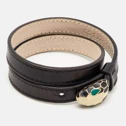 Pre Owned Bvlgari Serpenti Forever Black Leather Enamel Gold Tone  Wrap Bracelet