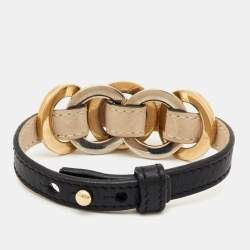 Pre Owned Bvlgari Two Tone Interlocking Circles Black Leather Bracelet
