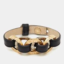Pre Owned Bvlgari Two Tone Interlocking Circles Black Leather Bracelet