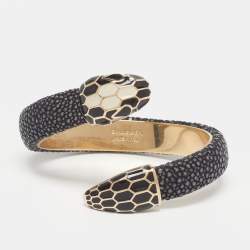 Pre Owned Bvlgari Serpenti Enamel Leather Gold Tone Open Cuff Bracelet