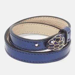 Pre Owned Bvlgari Serpenti Forever Blue Patent Leather Enamel Gold Tone Double Wrap Bracelet