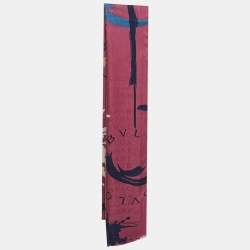Pre Owned Bvlgari Pink/Navy Blue Logo Wool & Silk Scarf