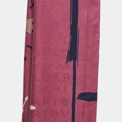 Pre Owned Bvlgari Pink/Navy Blue Logo Wool & Silk Scarf