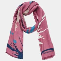 Pre Owned Bvlgari Pink/Navy Blue Logo Wool & Silk Scarf