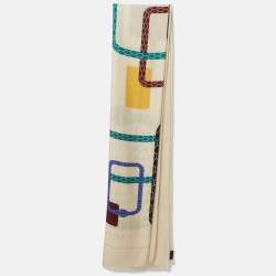 Pre Owned Bvlgari Ivory Logomania Pixel Snake Silk & Wool Maxi Stole