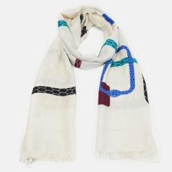 Pre Owned Bvlgari Ivory Logomania Pixel Snake Silk & Wool Maxi Stole