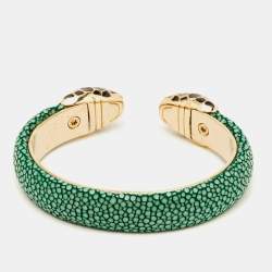 Pre Owned Bvlgari Serpenti Forever Leather Enamel Gold Tone Cuff Bracelet