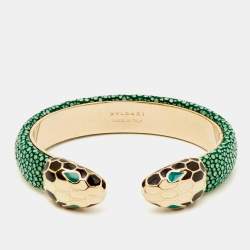 Pre Owned Bvlgari Serpenti Forever Leather Enamel Gold Tone Cuff Bracelet