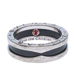 Pre Owned Bvlgari Save the Children Black Ceramic Silver 1-Band Ring Size 56