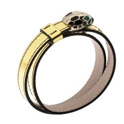 Pre Owned Bvlgari Serpenti Forever Enamel Metallic Leather Gold Plated Double Coiled Bracelet