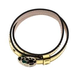 Pre Owned Bvlgari Serpenti Forever Enamel Metallic Leather Gold Plated Double Coiled Bracelet