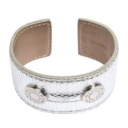 Pre Owned Bvlgari Metallic Silver Karung Leather Silver Tone Wide Cuff Bracelet