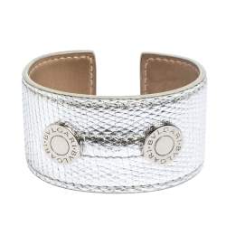 Pre Owned Bvlgari Metallic Silver Karung Leather Silver Tone Wide Cuff Bracelet