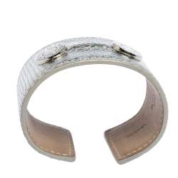 Pre Owned Bvlgari Metallic Silver Karung Leather Silver Tone Wide Cuff Bracelet