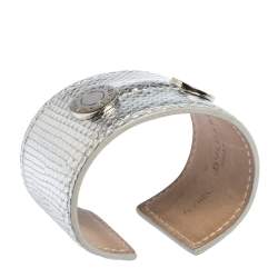 Pre Owned Bvlgari Metallic Silver Karung Leather Silver Tone Wide Cuff Bracelet