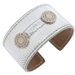 Pre Owned Bvlgari Metallic Silver Karung Leather Silver Tone Wide Cuff Bracelet