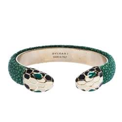 Pre Owned Bvlgari Serpenti Forever Enamel & Galuchat Leather Gold Plated Open Cuff Bracelet