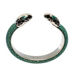 Pre Owned Bvlgari Serpenti Forever Enamel & Galuchat Leather Gold Plated Open Cuff Bracelet