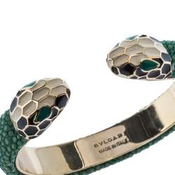 Pre Owned Bvlgari Serpenti Forever Enamel & Galuchat Leather Gold Plated Open Cuff Bracelet