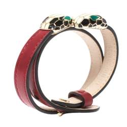 Pre Owned Bvlgari Dark Red Serpenti Forever Double Tour Leather Bracelet