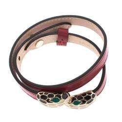Pre Owned Bvlgari Dark Red Serpenti Forever Double Tour Leather Bracelet