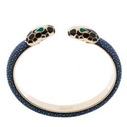 Pre Owned Bvlgari Serpenti Forever Blue Galuchat Leather Gold Plated Open Cuff Bracelet