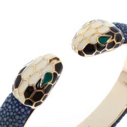 Pre Owned Bvlgari Serpenti Forever Blue Galuchat Leather Gold Plated Open Cuff Bracelet