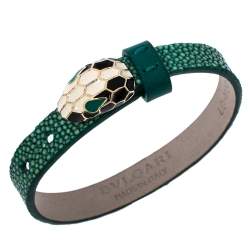 Pre Owned Bvlgari Serpenti Forever Enamel Green Galuchat Leather Gold Plated Bracelet
