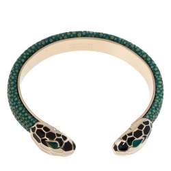 Bvlgari Green Galuchat Serpenti Forever Gold Plated Open Cuff Bracelet 
