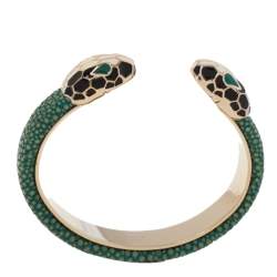 Bvlgari Green Galuchat Serpenti Forever Gold Plated Open Cuff Bracelet 